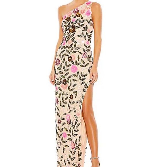 NWT MAC DUGGAL 10903 NUDE FLORAL SEQUIN‎ ONE SHOULDER COLUMN GOWN - Picture 1 of 9